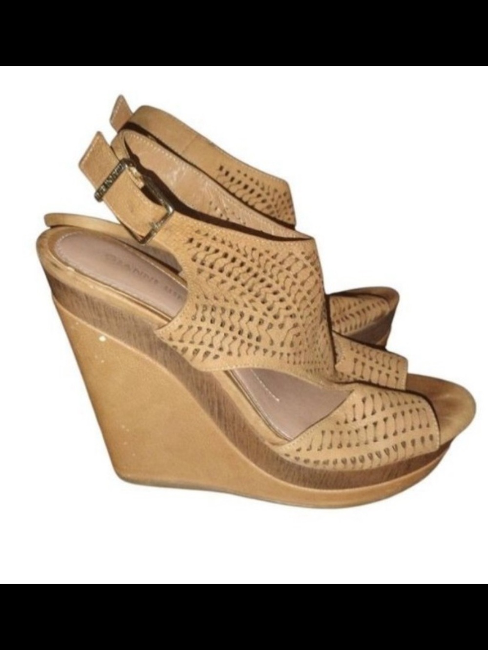 Gianni Bini Tan Laser-Cut Wedge Sandals with Slingback